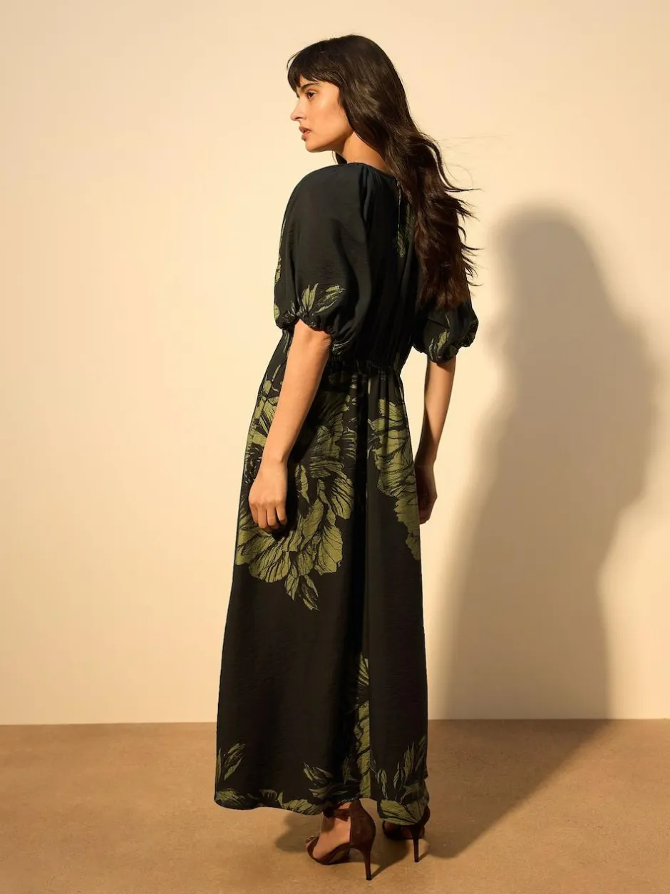 Next Print Puff Sleeve Midi Dress Green Floral Hot