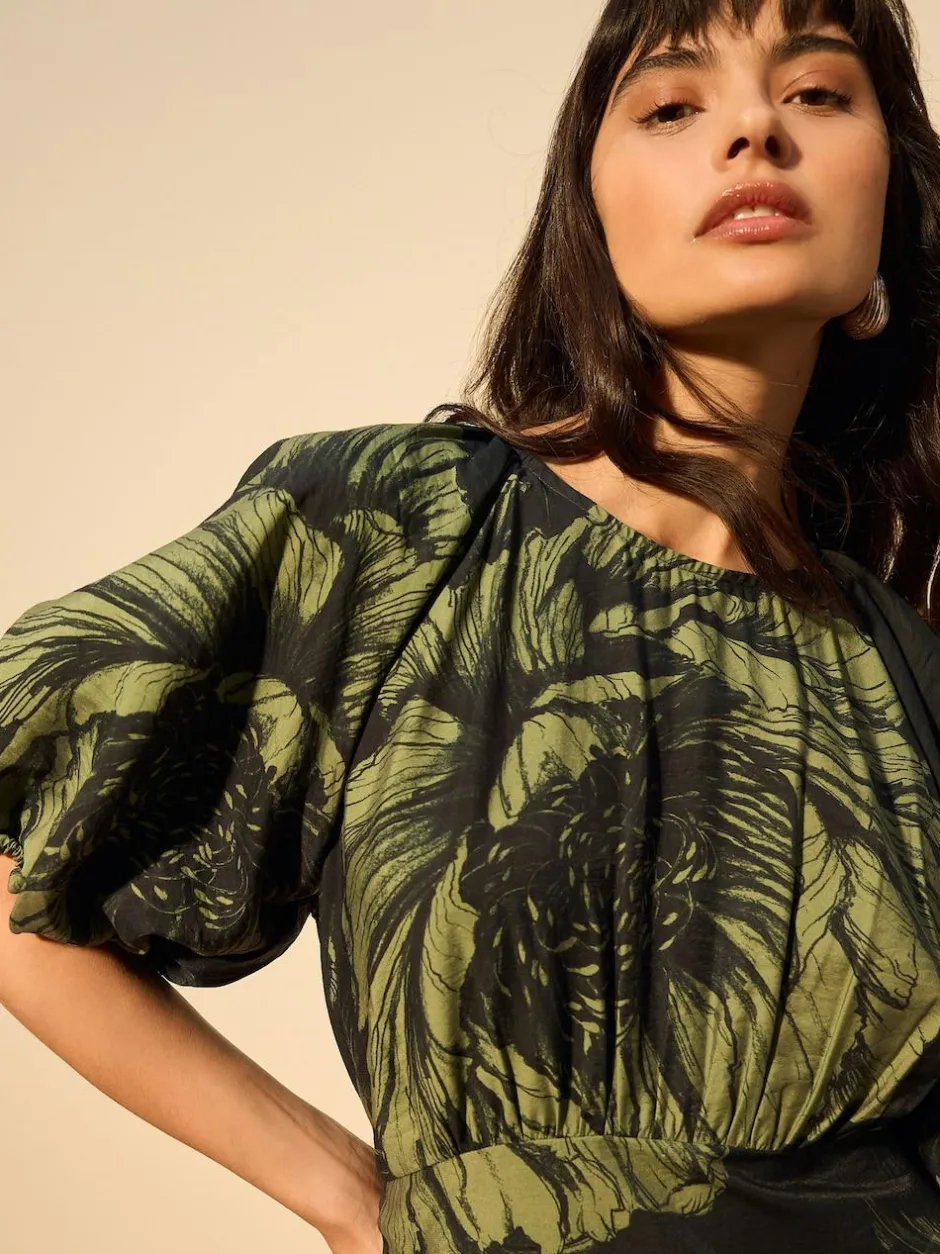 Next Print Puff Sleeve Midi Dress Green Floral Hot