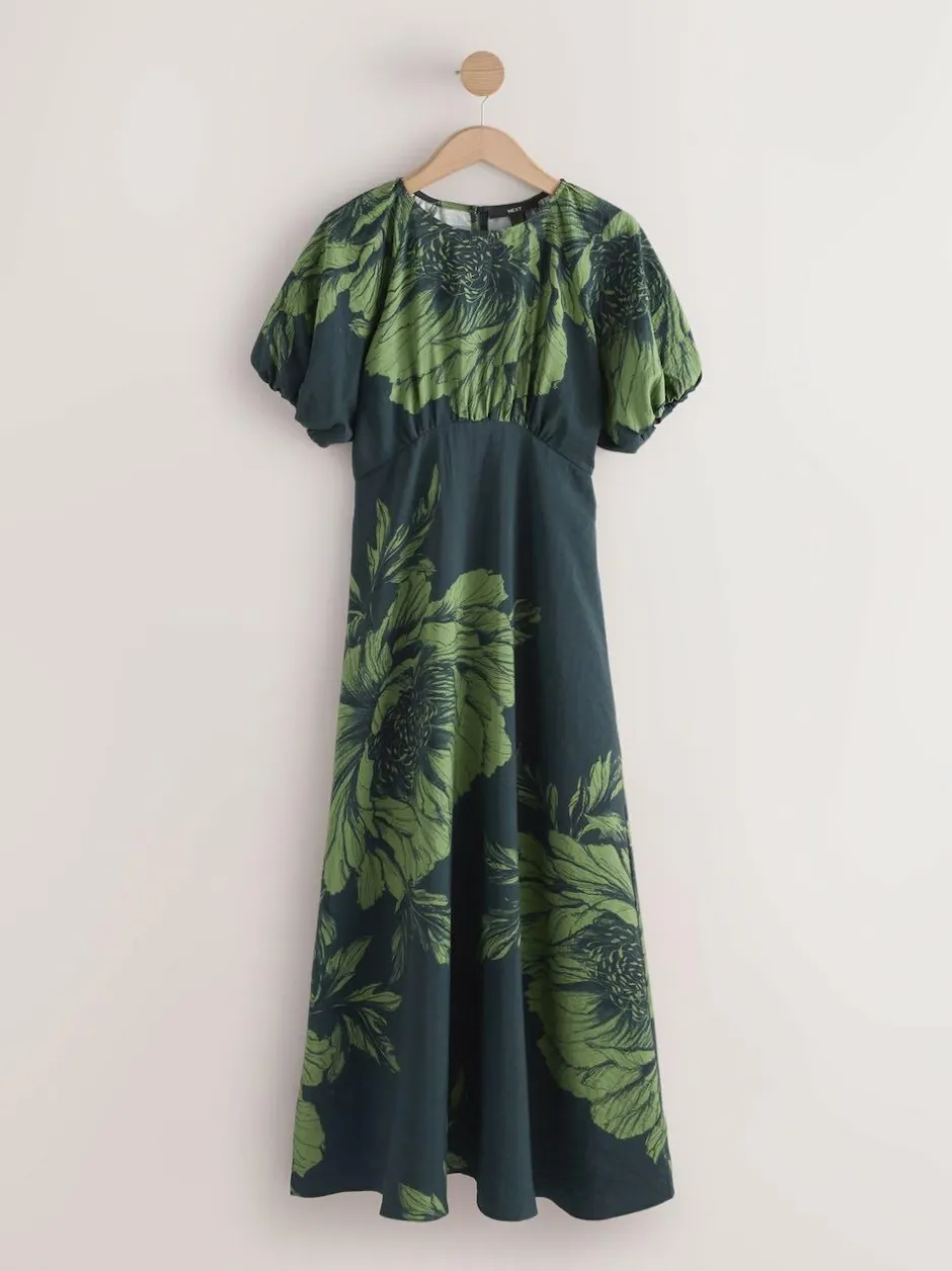 Next Print Puff Sleeve Midi Dress Green Floral Hot