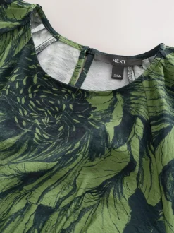Next Print Puff Sleeve Midi Dress Green Floral Hot