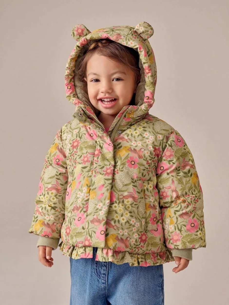 Next Shower Resistant Frill Hem Padded Coat (3mths-7yrs) Green Floral Clearance