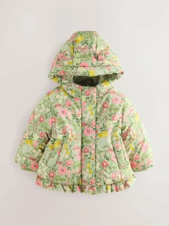 Next Shower Resistant Frill Hem Padded Coat (3mths-7yrs) Green Floral Clearance