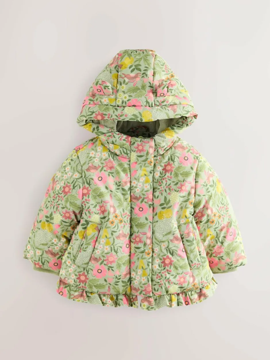 Next Shower Resistant Frill Hem Padded Coat (3mths-7yrs) Green Floral Clearance