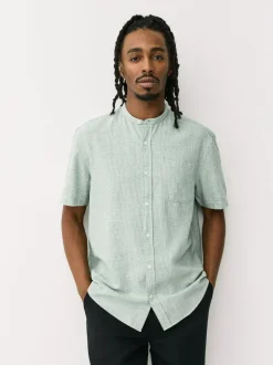 Next Grandad Collar Cotton Linen Blend Short Sleeve Shirt Green Best
