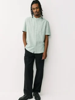 Next Grandad Collar Cotton Linen Blend Short Sleeve Shirt Green Best