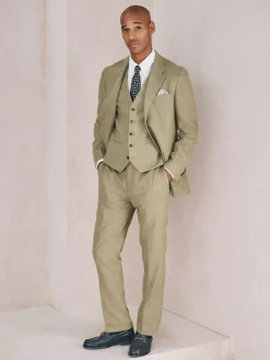 Next Linen Blend Texture Suit Waistcoat Green New