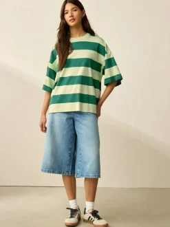 Next Green Monochrome Oversized Relaxed Fit Boxy Heavyweight Crew Neck T-Shirt Clearance