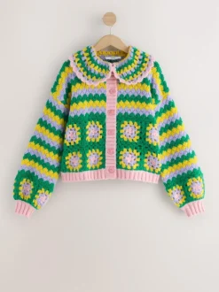 Next Green Multi Patch Hand Crochet Collar Cardigan Clearance
