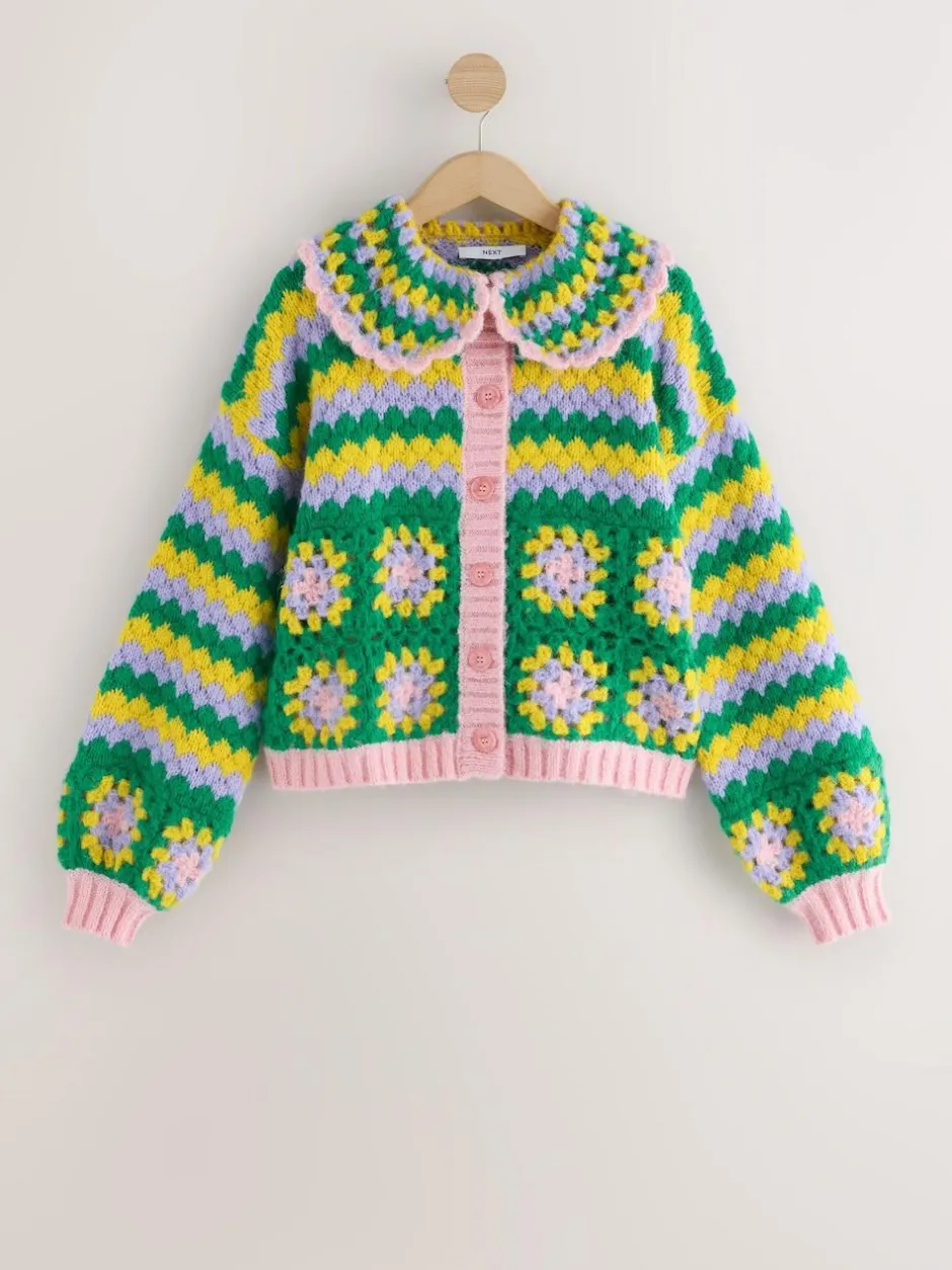 Next Green Multi Patch Hand Crochet Collar Cardigan Clearance