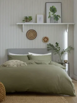 Next Green Olive Cotton Rich Plain Duvet Cover and Pillowcase Set Discount