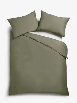 Next Green Olive Cotton Rich Plain Duvet Cover and Pillowcase Set Discount