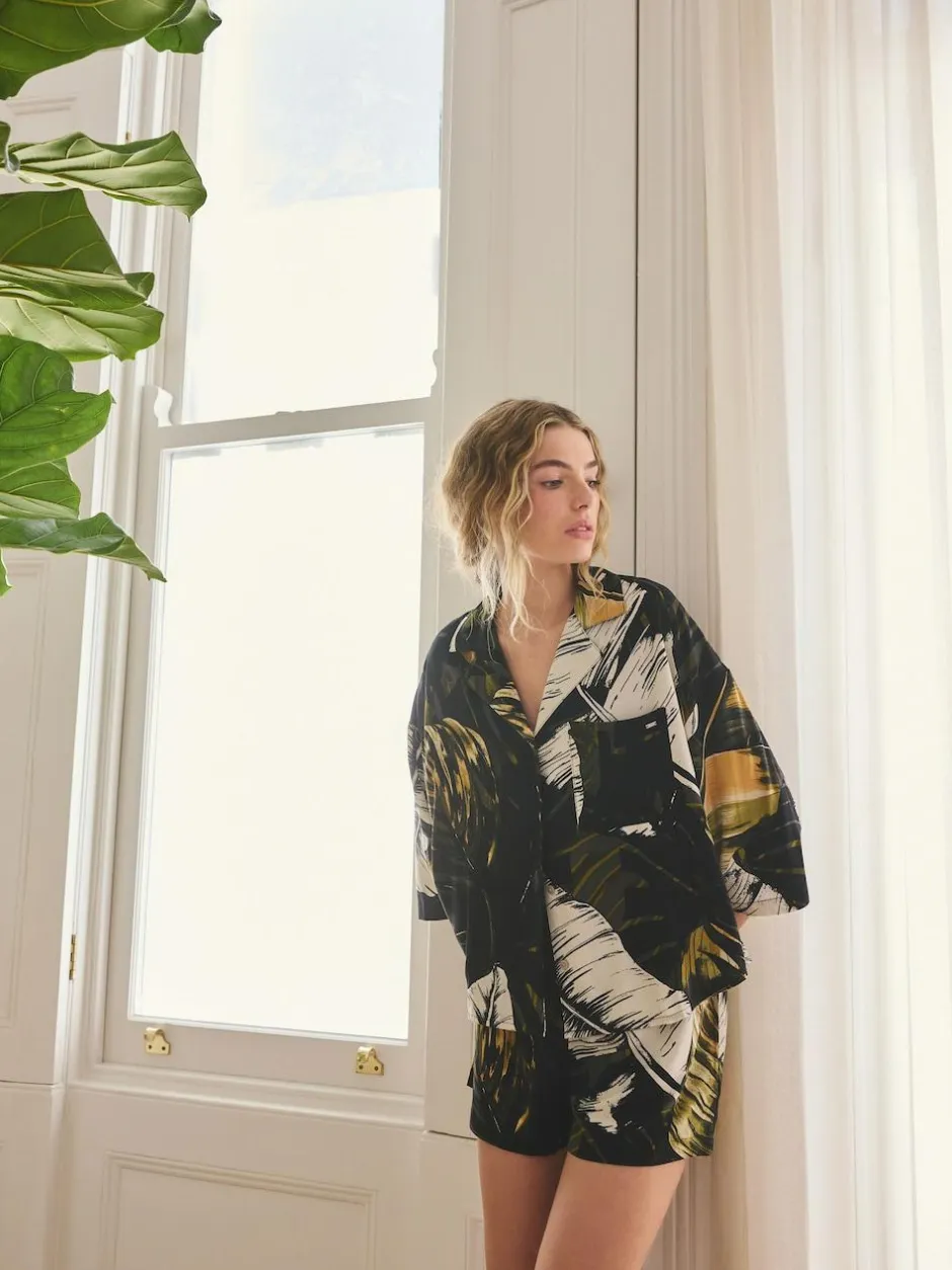 Next Button Through Short Pyjamas Set Green Palm Clearance