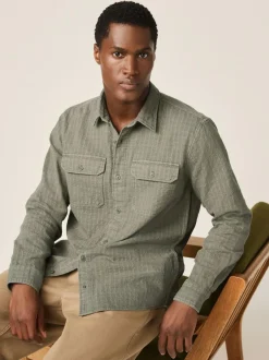 Next Regular Fit Textured Waffle Long Sleeve Shirt Green Outlet