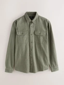 Next Regular Fit Textured Waffle Long Sleeve Shirt Green Outlet