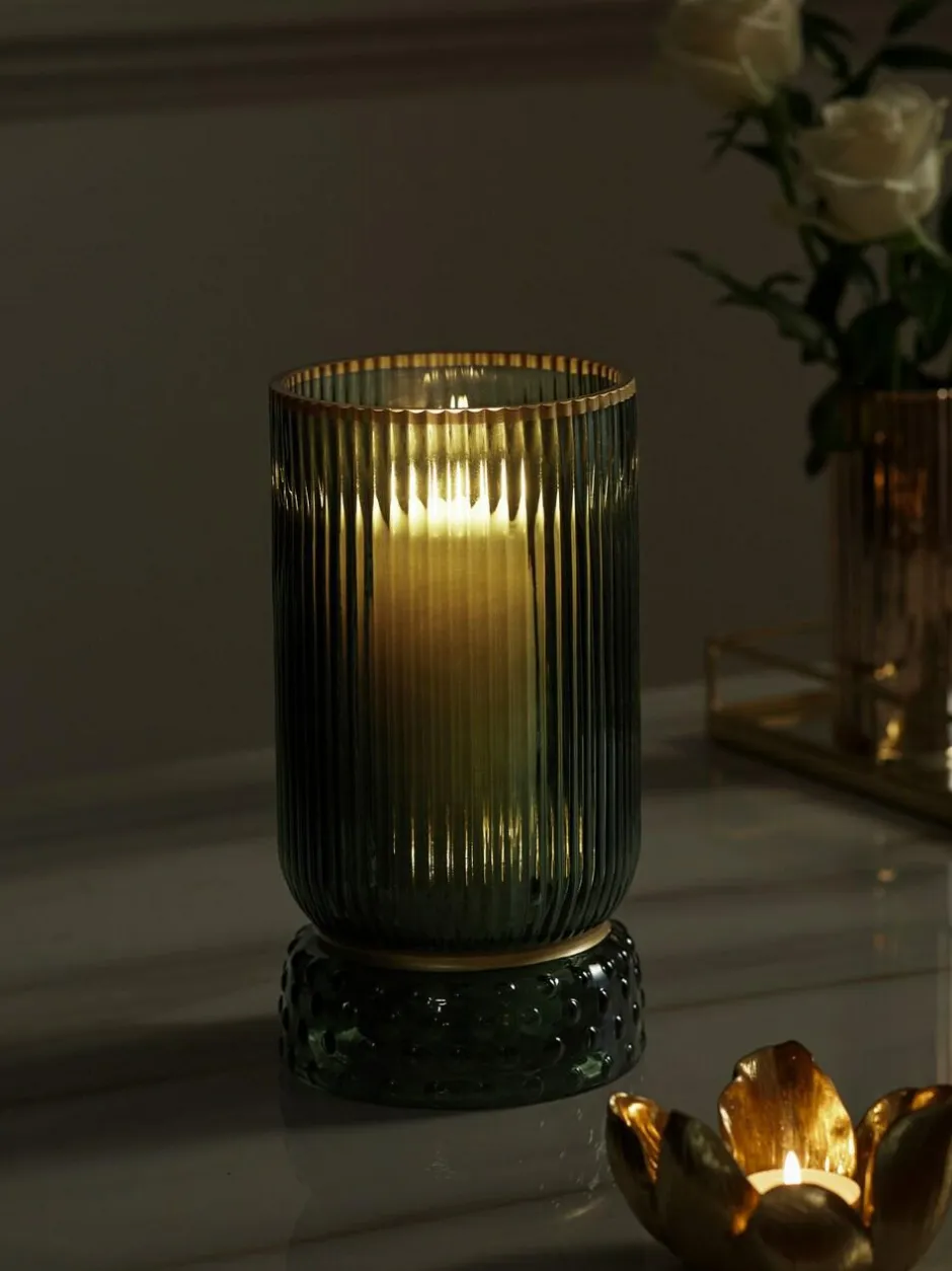 Next Ribbed Glass Hurricane Candle Holder Medium Green Sale