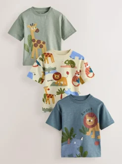 Next Short Sleeve Appliqué T-Shirts 3 Pack (3mths-7yrs) Green Safari Animals Sale