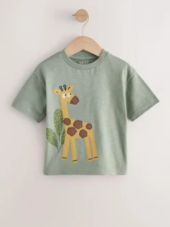 Next Short Sleeve Appliqué T-Shirts 3 Pack (3mths-7yrs) Green Safari Animals Sale