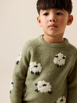 Next Knitted Crew Neck Jumper (3mths-7yrs) Green Sheep Online