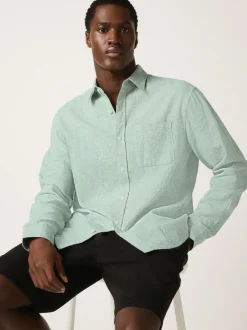 Next Standard Collar Cotton Linen Blend Long Sleeve Shirt Green Best