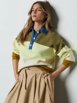 Next Cosy Soft Touch Long Sleeve Polo Neck Jumper Top Green Stripe Denim Collar