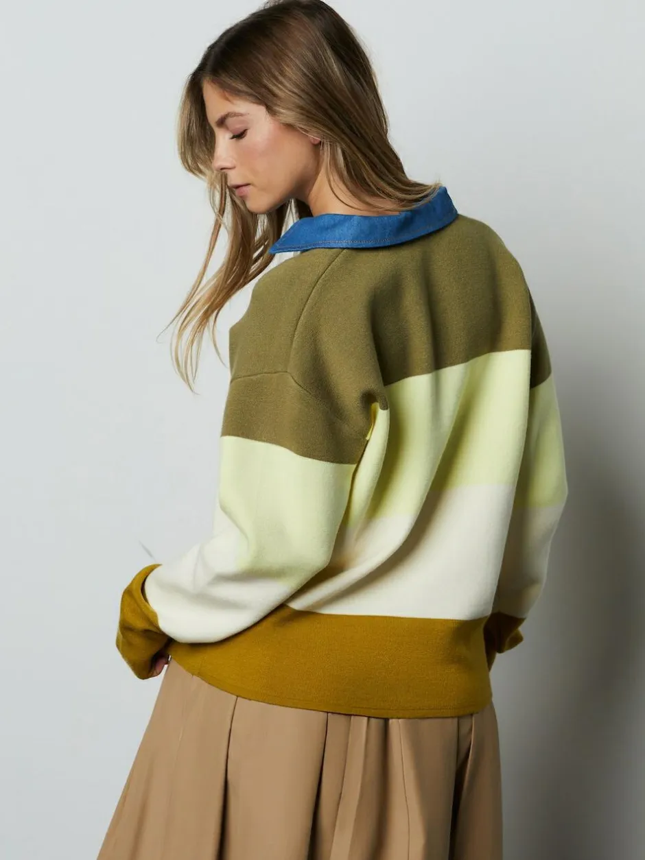 Next Cosy Soft Touch Long Sleeve Polo Neck Jumper Top Green Stripe Denim Collar