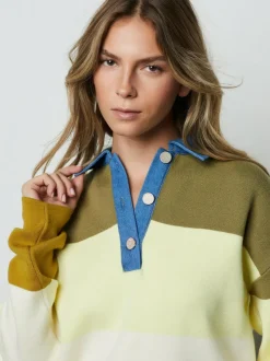 Next Cosy Soft Touch Long Sleeve Polo Neck Jumper Top Green Stripe Denim Collar