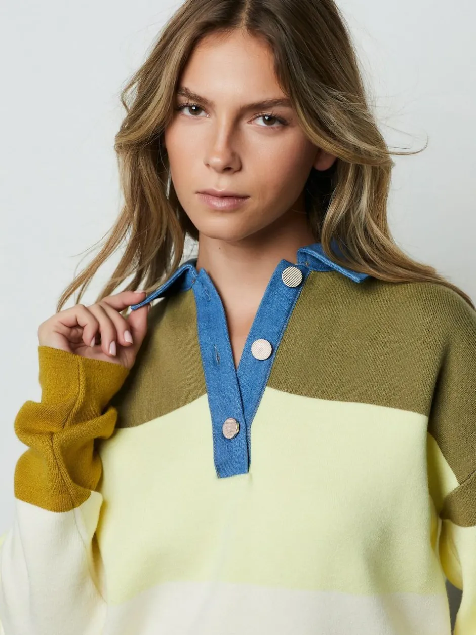 Next Cosy Soft Touch Long Sleeve Polo Neck Jumper Top Green Stripe Denim Collar