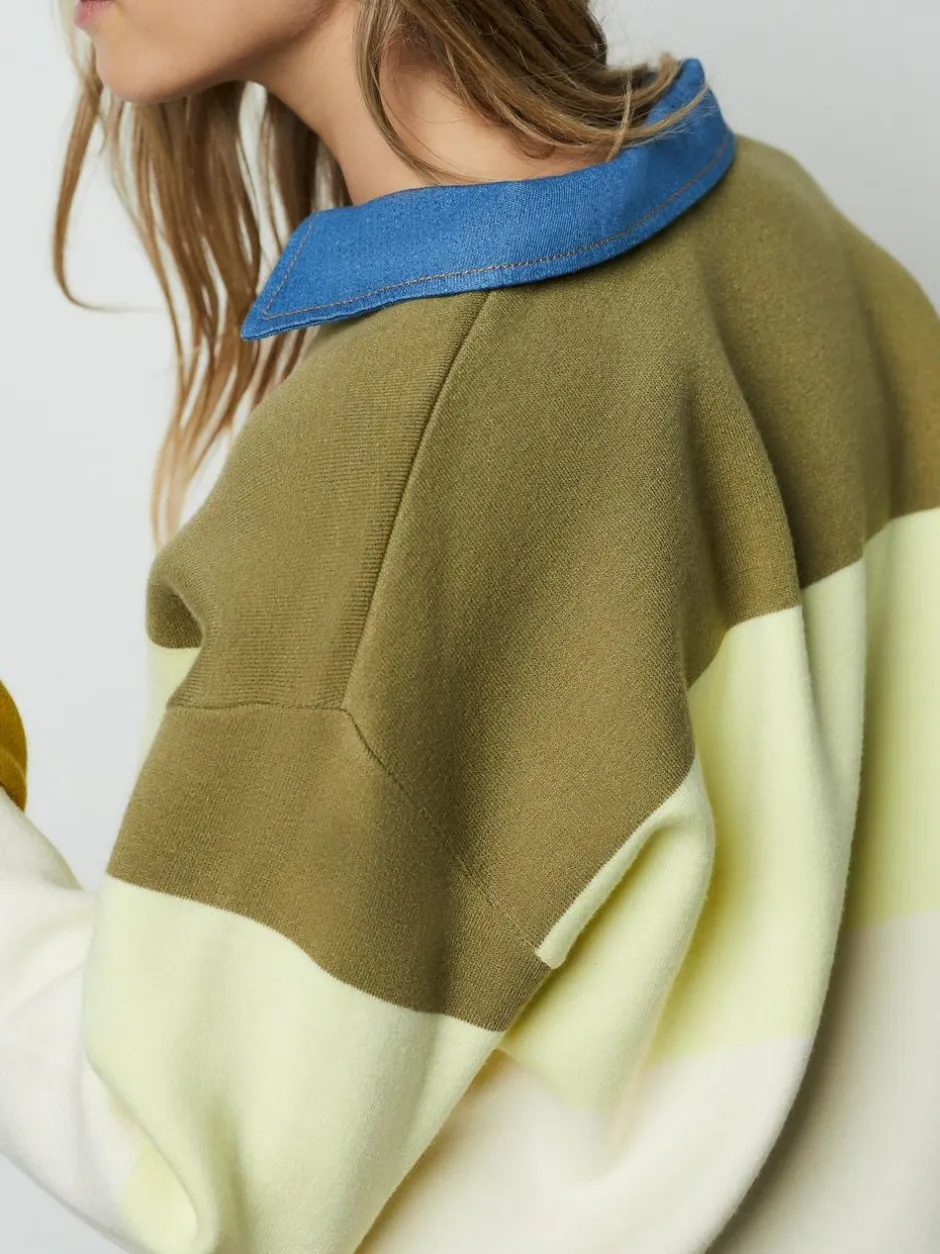 Next Cosy Soft Touch Long Sleeve Polo Neck Jumper Top Green Stripe Denim Collar