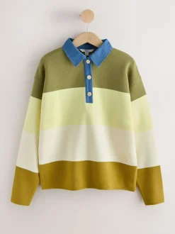 Next Cosy Soft Touch Long Sleeve Polo Neck Jumper Top Green Stripe Denim Collar