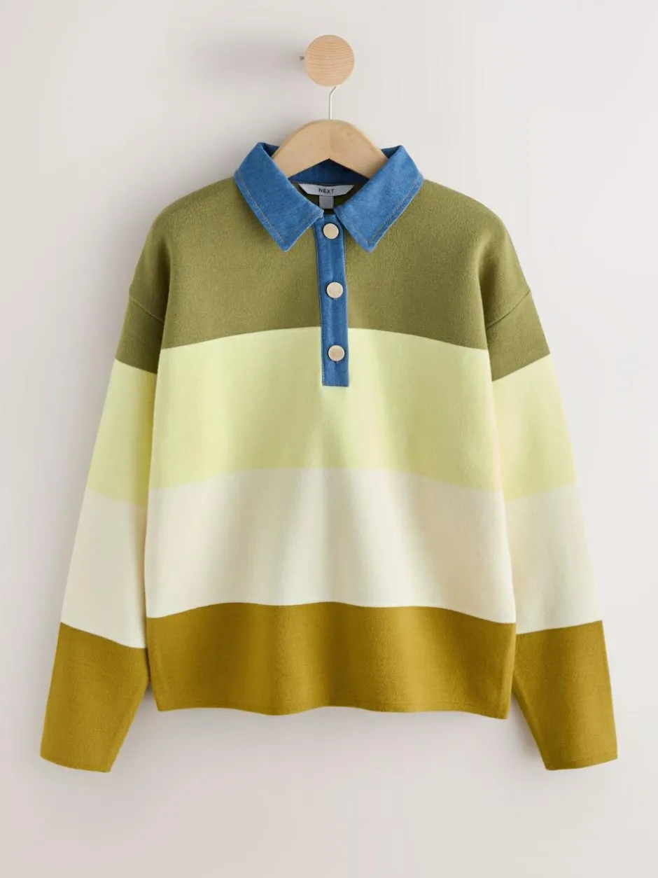 Next Cosy Soft Touch Long Sleeve Polo Neck Jumper Top Green Stripe Denim Collar