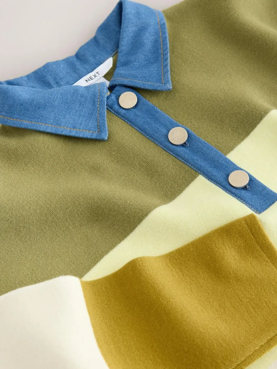 Next Cosy Soft Touch Long Sleeve Polo Neck Jumper Top Green Stripe Denim Collar