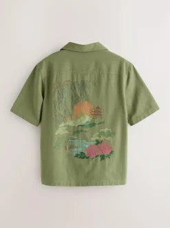 Next Textured Embroidered Japanese Print Short Sleeve Shirt Green Hot