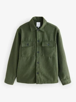 Next Twin Pocket Shacket Overshirt with Wool Green Clearance