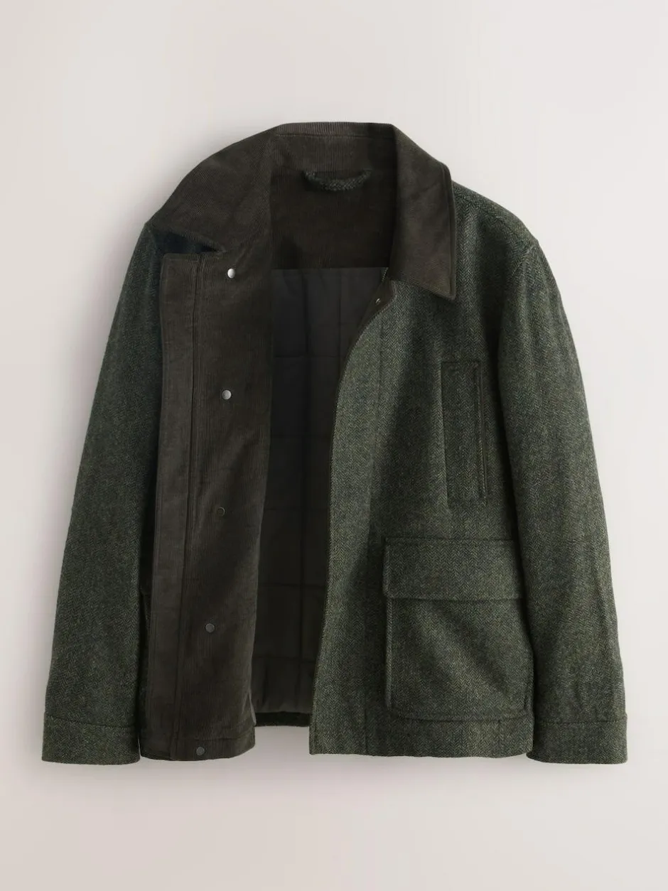 Next Green Wool Blend Herringbone Quilted Corduroy Collar Jacket