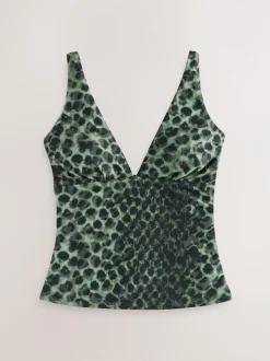 Next Plunge Tummy Control Tankini Top Green/Black Leopard Print New