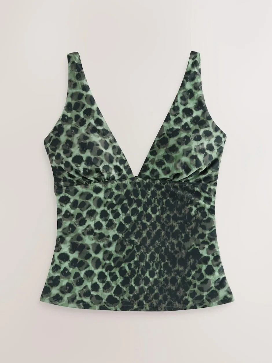 Next Plunge Tummy Control Tankini Top Green/Black Leopard Print New