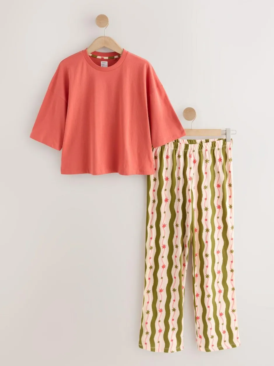 Next Green/Ecru Stripe Cotton Short Sleeve Pyjamas Clearance