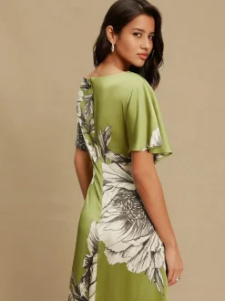 Next Textured Satin Short Sleeve Twist Front Midi Dress Green/Ecru Clearance