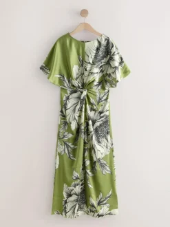 Next Textured Satin Short Sleeve Twist Front Midi Dress Green/Ecru Clearance