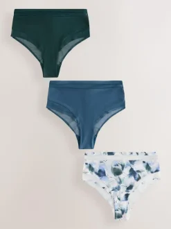 Next Mesh Trim High Waist High Leg Knickers 3 Pack Green/Navy/Navy Print Discount