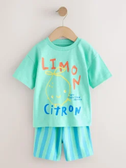 Next Short Sleeve T-Shirt and Shorts Set 2 Pack (3mths-7yrs) Green/White Food Backprint Clearance