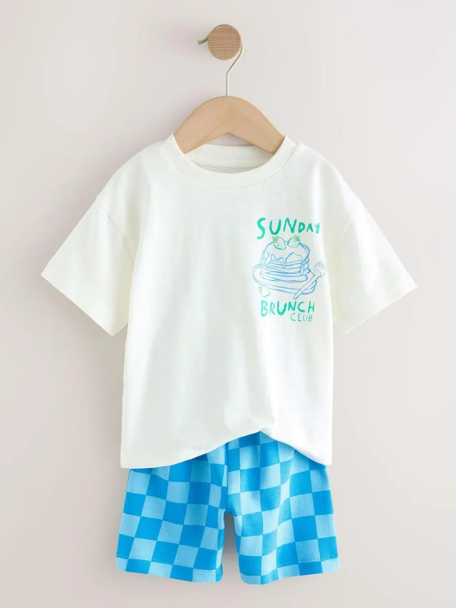 Next Short Sleeve T-Shirt and Shorts Set 2 Pack (3mths-7yrs) Green/White Food Backprint Clearance
