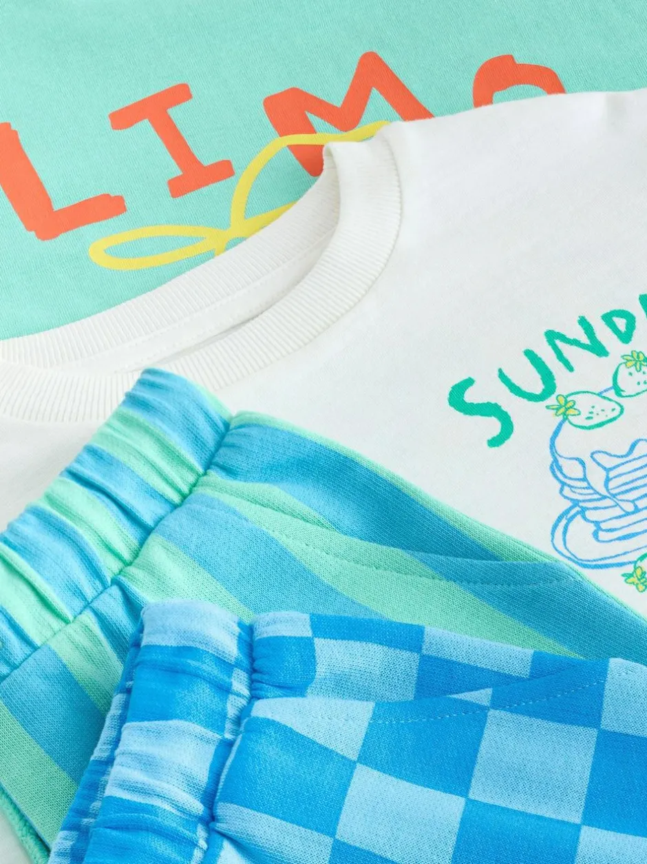 Next Short Sleeve T-Shirt and Shorts Set 2 Pack (3mths-7yrs) Green/White Food Backprint Clearance