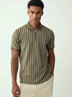 Next Vertical Stripe Quarter Zip Polo Shirt Green/White New