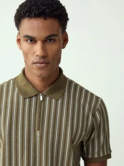 Next Vertical Stripe Quarter Zip Polo Shirt Green/White New