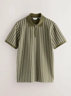 Next Vertical Stripe Quarter Zip Polo Shirt Green/White New