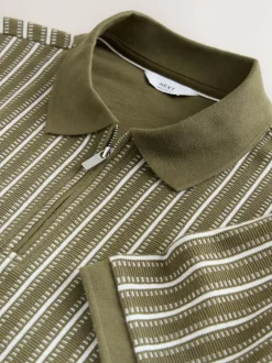 Next Vertical Stripe Quarter Zip Polo Shirt Green/White New