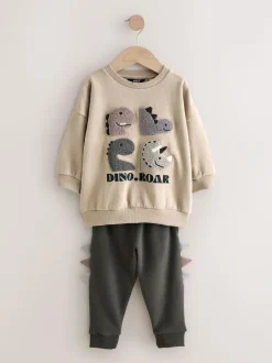Next Grey and Charcoal Dinosaur Spike Single Sweatshirt and Joggers Set (3mths-7yrs) Clearance