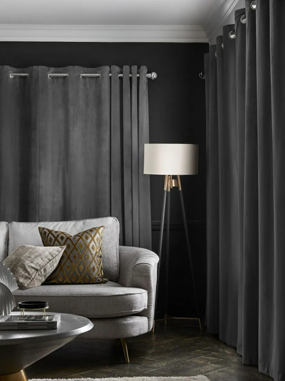 Next Grey Charcoal Matte Velvet Lined Curtains Sale