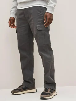 Next Grey Charcoal Straight Fit Cotton Stretch Cargo Trousers Sale